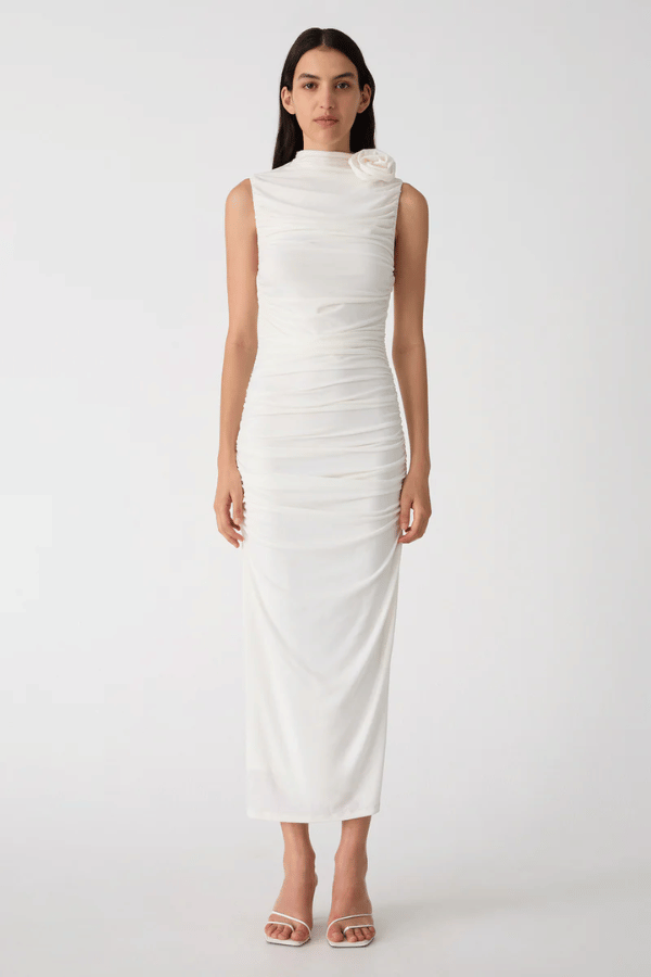 satin tube midi dress Ivory Draped Tube Midi Dress M