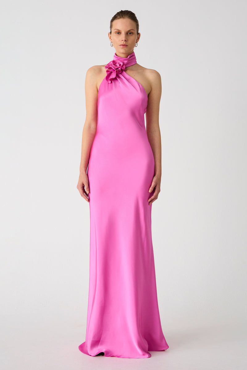 MISHA Teresa Rosette Detail Satin Gown in Pink - Size L MISHA Teresa Rosette Detail Satin Gown in Pink - Size L