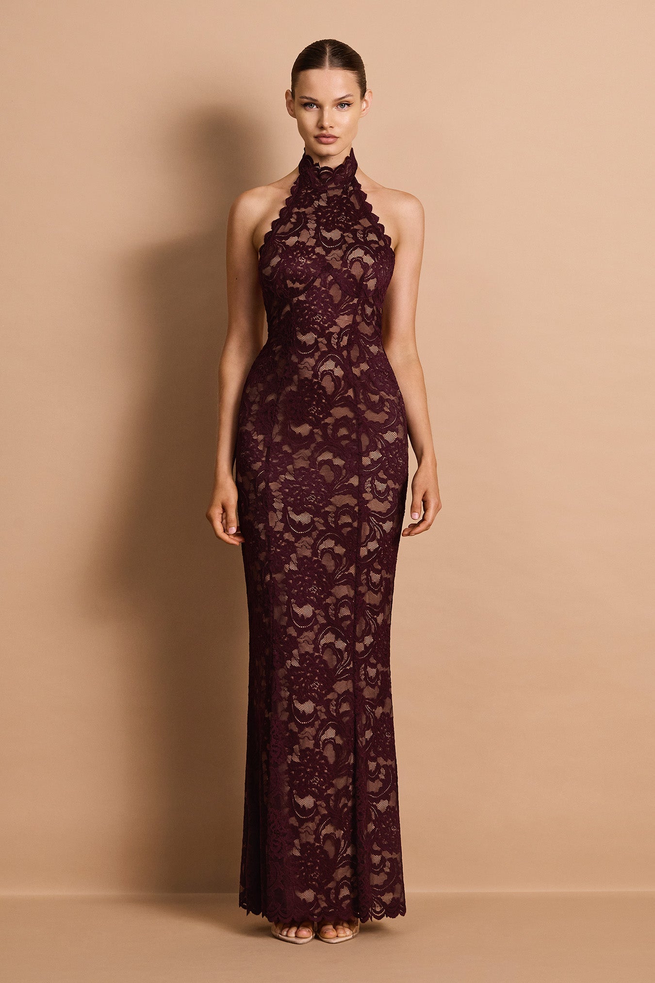Nookie Delphine Lace Halter Gown - Wine