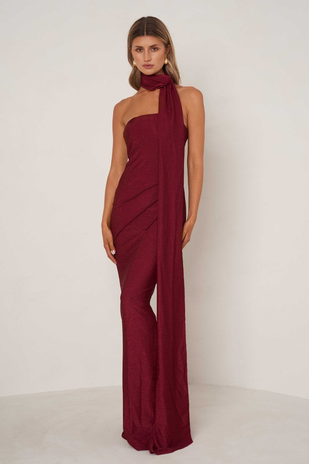 red gabriella dress Gabriella Pleated Round Neck Punto Midi Dress