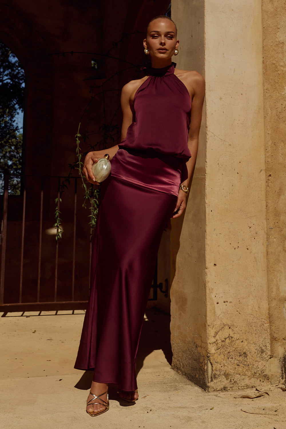 plum halter dress Liliette Maxi - apparel velvet