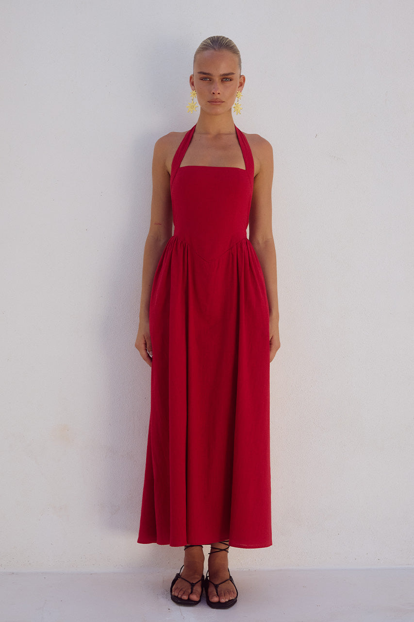 fitted lace wedding dress CURAAE Mia Midi Dress In Cherry Red – Elliatt main image 0