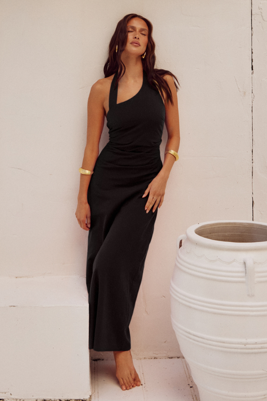 RUNAWAY THE LABEL Saphira Asymmetrical Long Midi Dress XS / Black