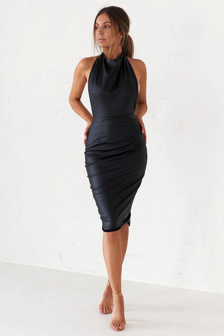 Backless Midi Dress - Matte Black LARGE / Matte Black VEGAN LEATHER Backless Midi Dress - Matte Black LARGE / Matte Black VEGAN LEATHER