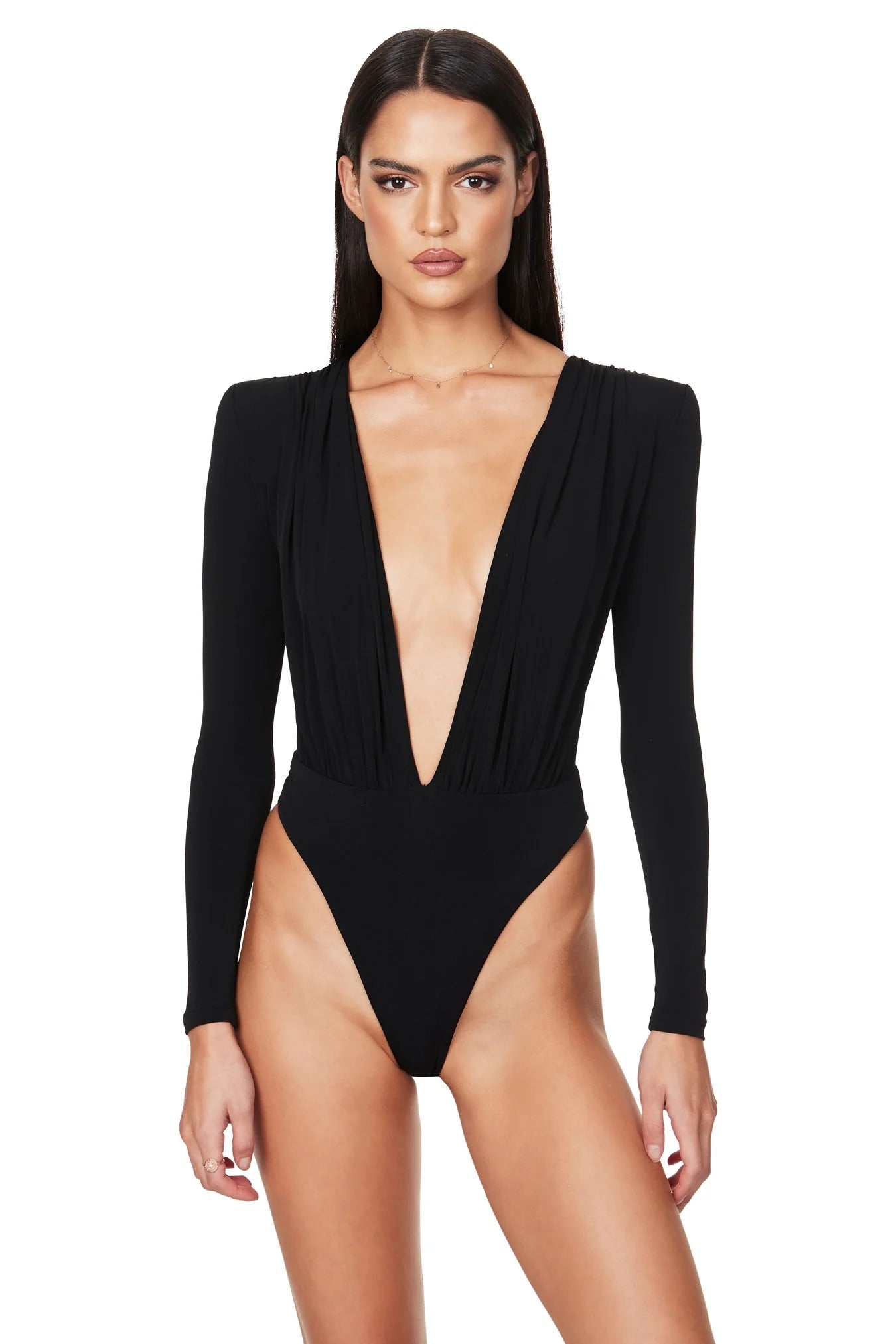 Black long hot sale sleeve plunge bodysuit