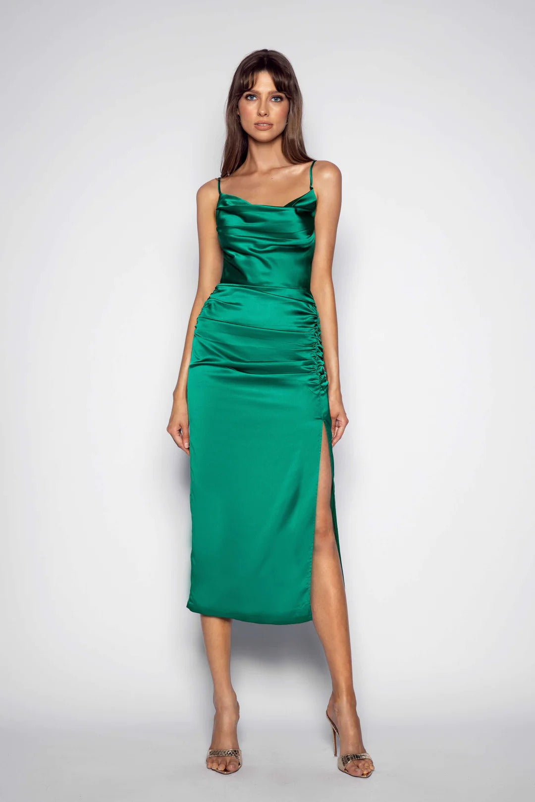 emerald green satin midi dress Emerald Green Pleated Satin Midi Dress 8 / Black main image 0