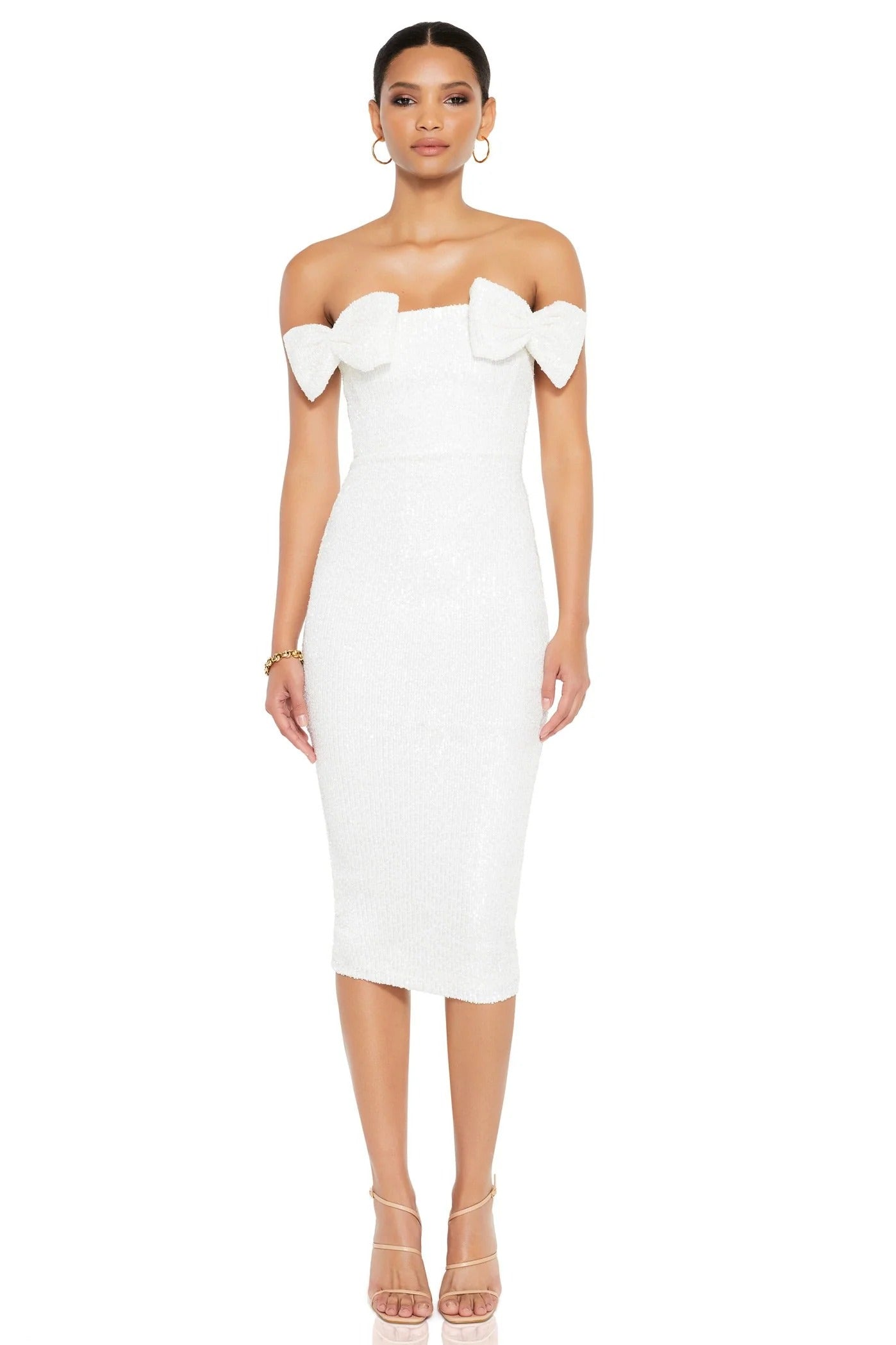 knee length dresses for ladies Salena Pearl Detail Bodycon Midi Dress | White | Graduation main image 0