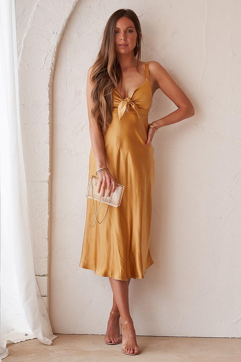 mustard yellow satin dress Satin Yellow Maxi Dress With Adjustable Straps