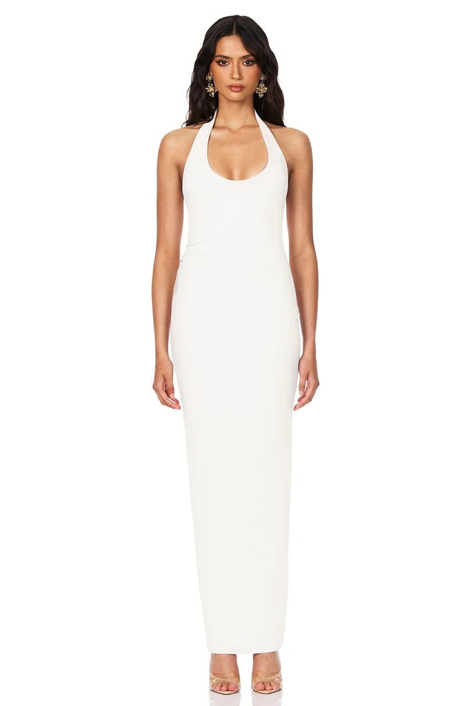 white halter maxi dress Dalary White Floral Ruched Halter Maxi Dress – Night Novas main image 1
