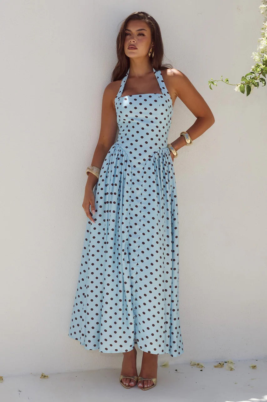 Sammi Midi Dress - Sky Blue/Choc Polka | JAUS Sammi Midi Dress - Sky Blue/Choc Polka | JAUS