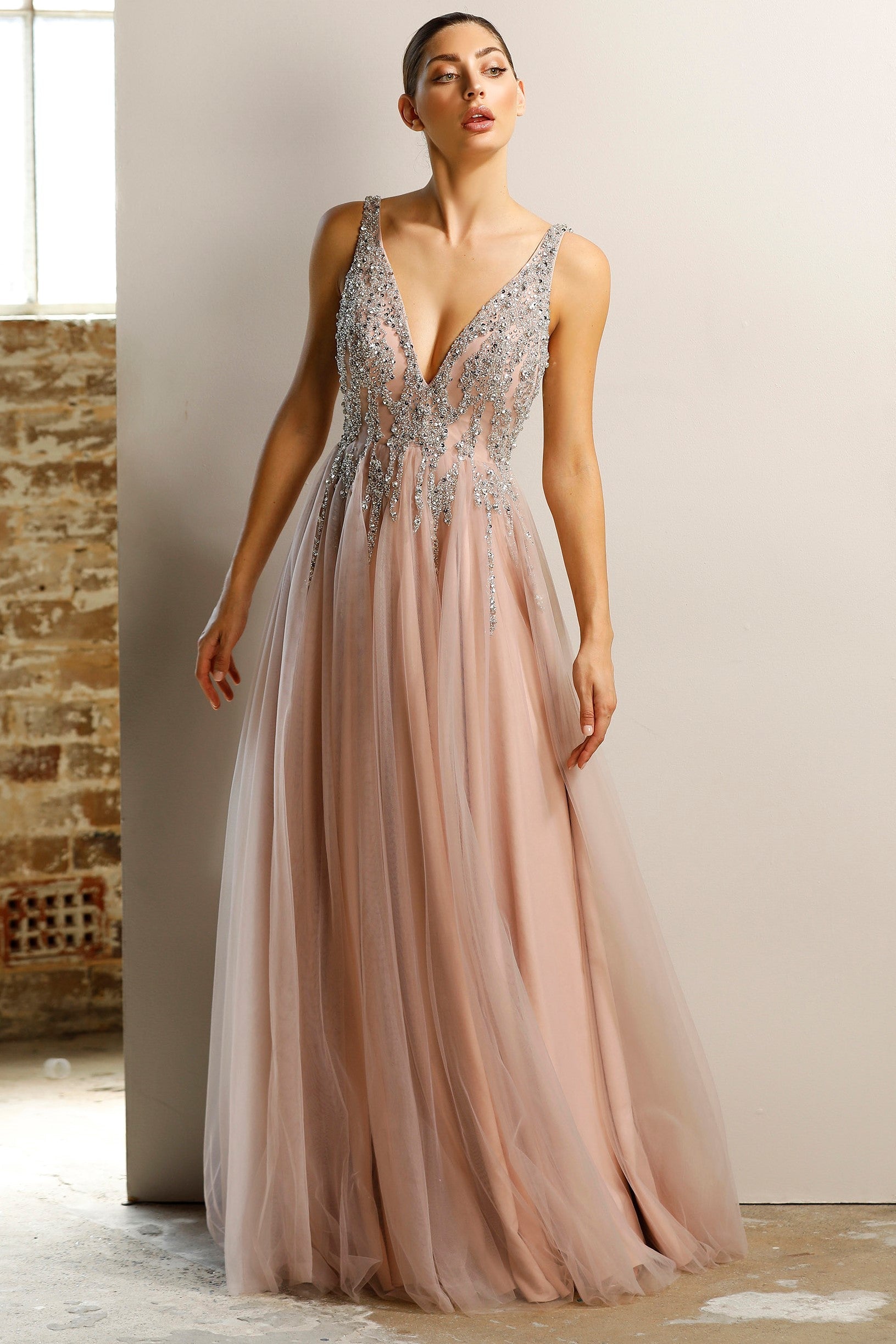 slim fit dress slacks Elegant Dusty Pink Gold Detailed Print V-Neck Ruffle Cut-Out Back Tie-Up Maxi Dress with Long Sleeve M / Pink main image 1