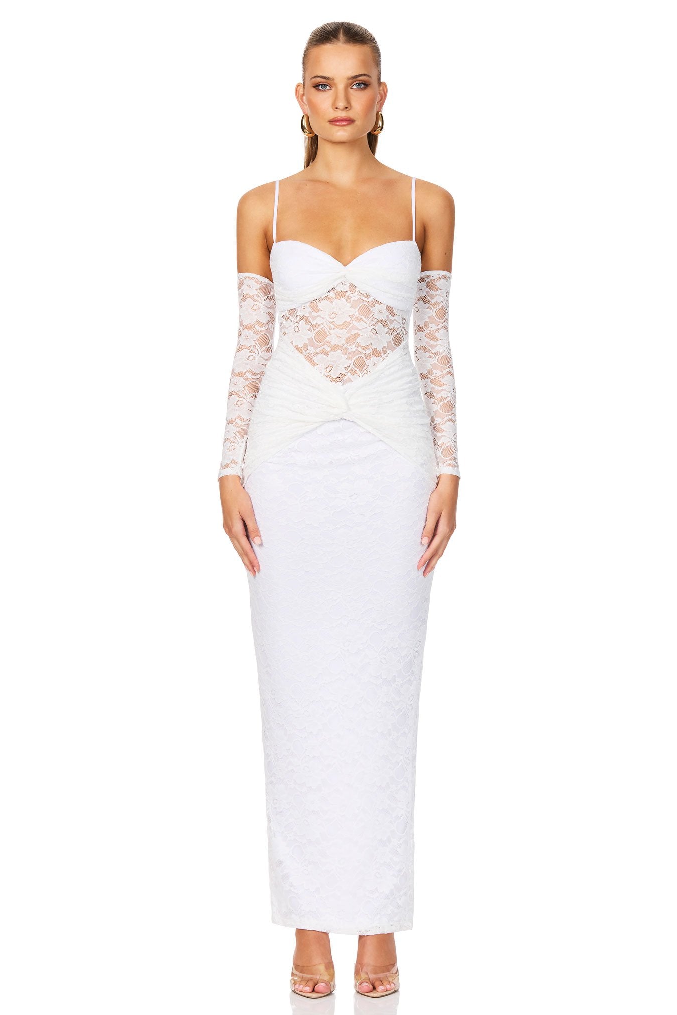 knee length dresses for ladies Athena Wavy-pattern Lace Maxi Dress in White XL / White