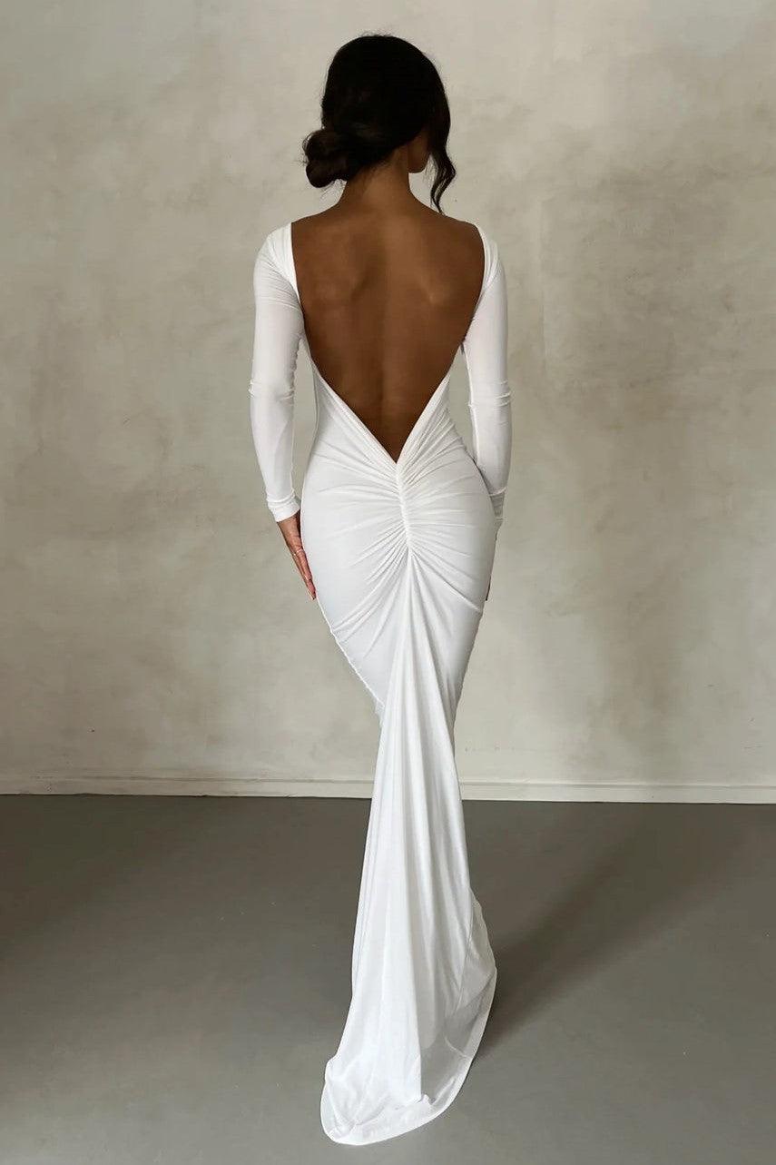 jersey fit and flare dress Puffy White Floral Bodice with Form Fitting Black Maxi Dress and Trail main image 0