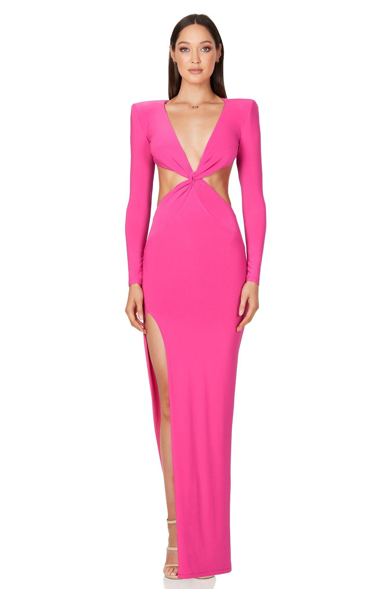 neon pink long sleeve dress Long Sleeves Shiny Bodycon Dress In NEON PINK