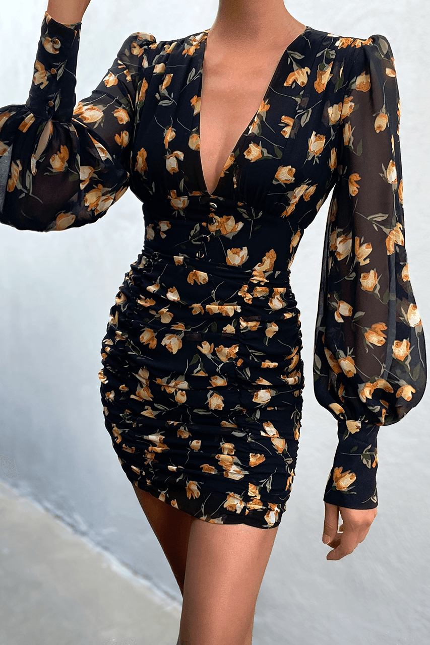 black dress with yellow roses 1980's Vintage Victor Costa Yellow Rose Cocktail Dress | Size 8
