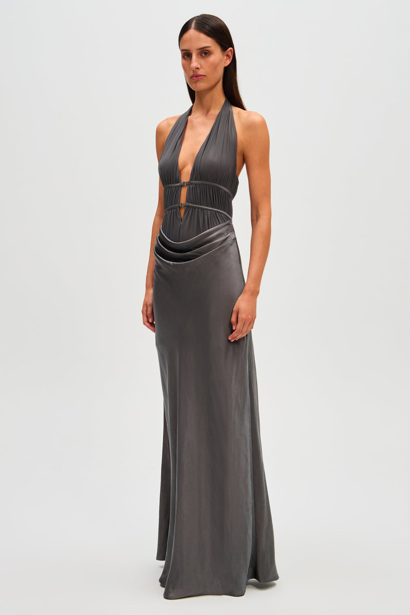 Celine Satin Maxi Dress - Pewter | JAUS Celine Satin Maxi Dress - Pewter | JAUS