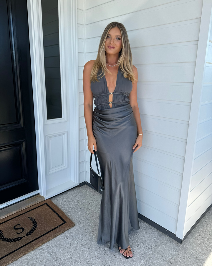chinese dress ladies Celine Satin Maxi Dress - Pewter