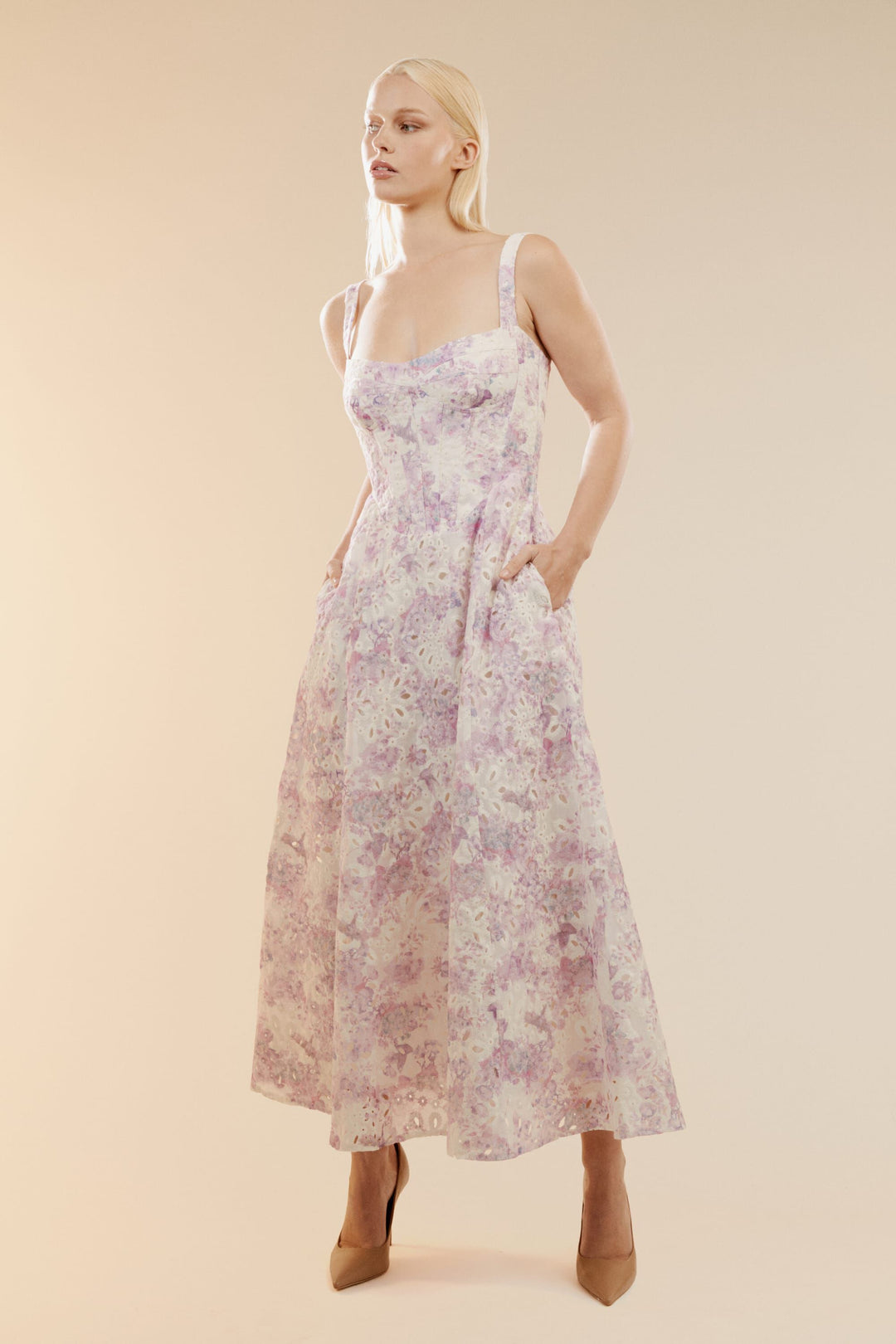 Adaline Broderie Midi Dress - Lilac Floral Adaline Broderie Midi Dress - Lilac Floral