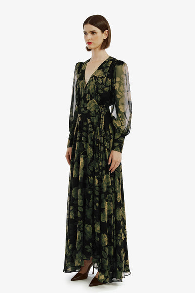 Lucianna Maxi Wrap Dress - Green Floral - SHOPJAUS - JAUS