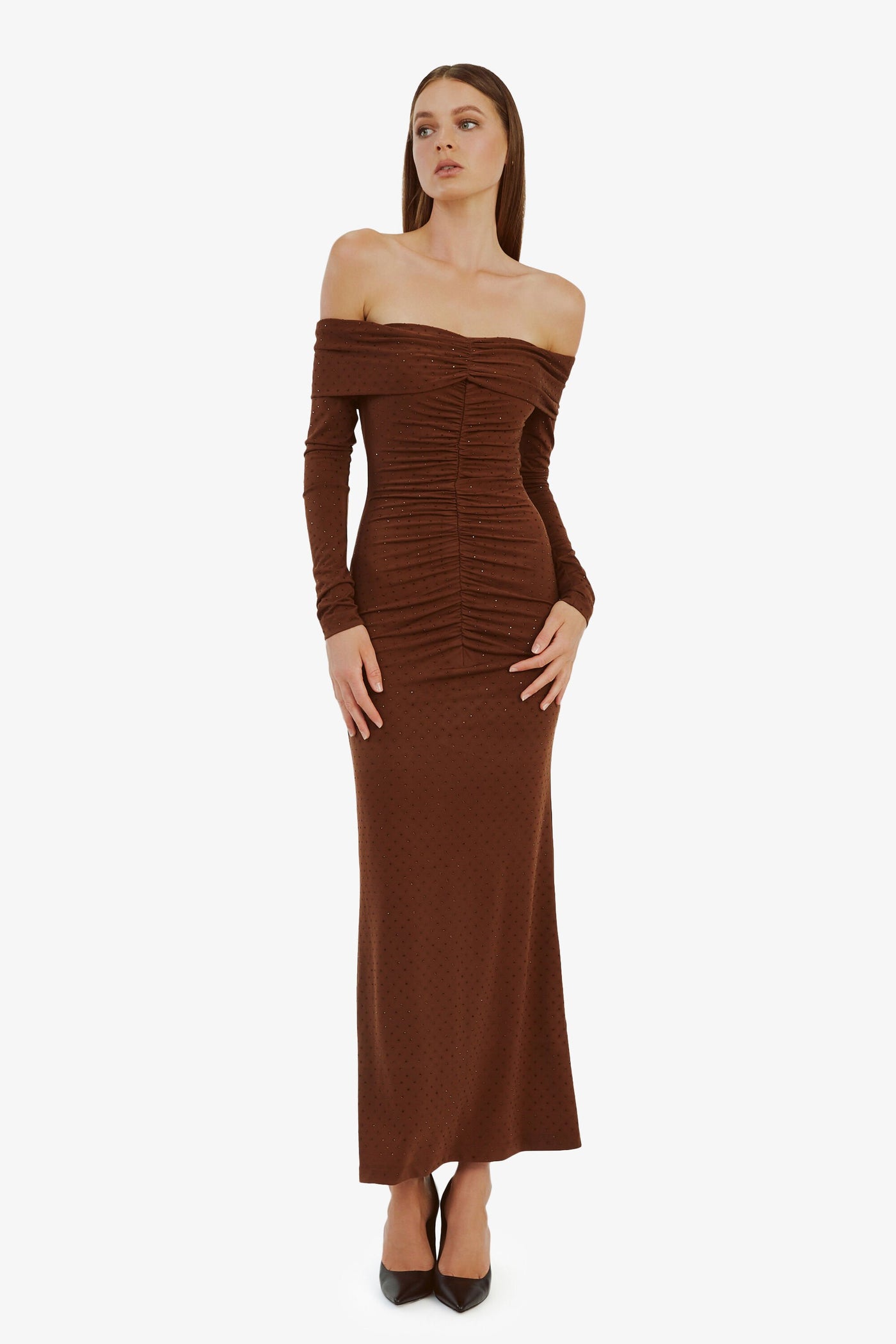 diamante maxi dress White Hotfix Diamante Cowl Neck Frill Maxi Dress