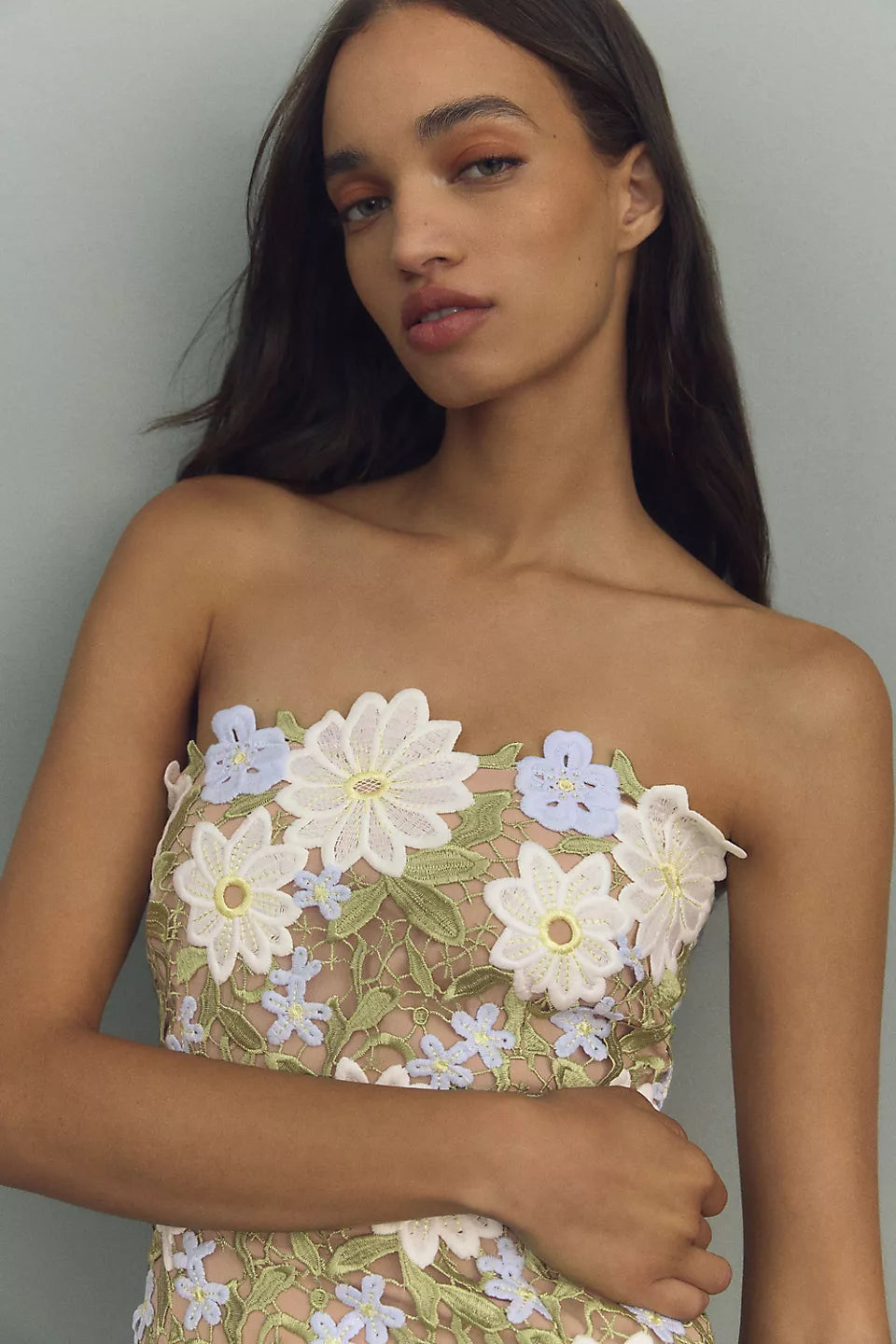 flora lace midi dress in green Flora Strapless Cocktail Dress