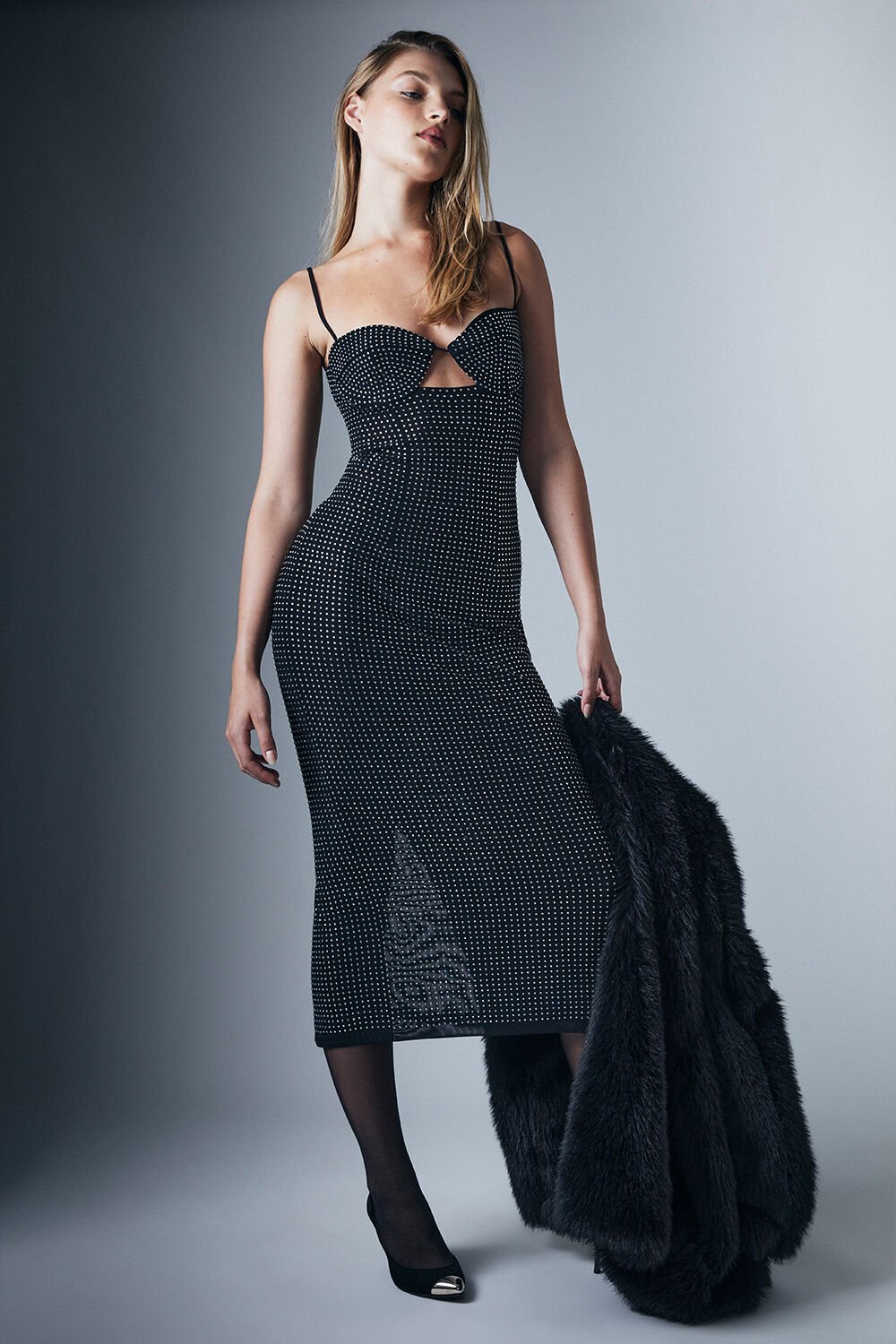 Aisha Diamante Midi Dress - Black - SHOPJAUS - JAUS