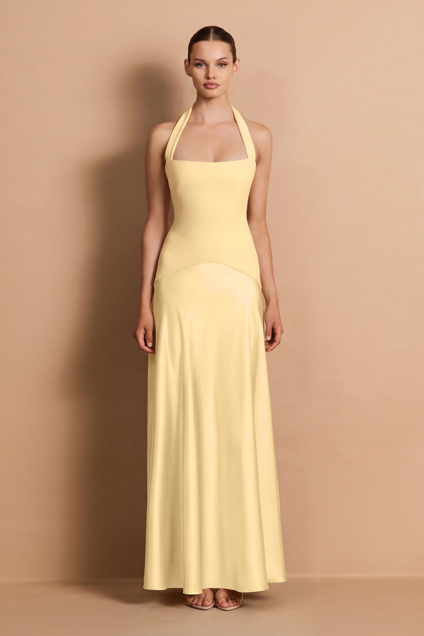 nookie bridesmaid dresses Alice Halter Maxi Dress - Lemon Women's Goldilocks Costume Dress global-lining_fabric-No Value Effortless satin halter gown Color:Indian