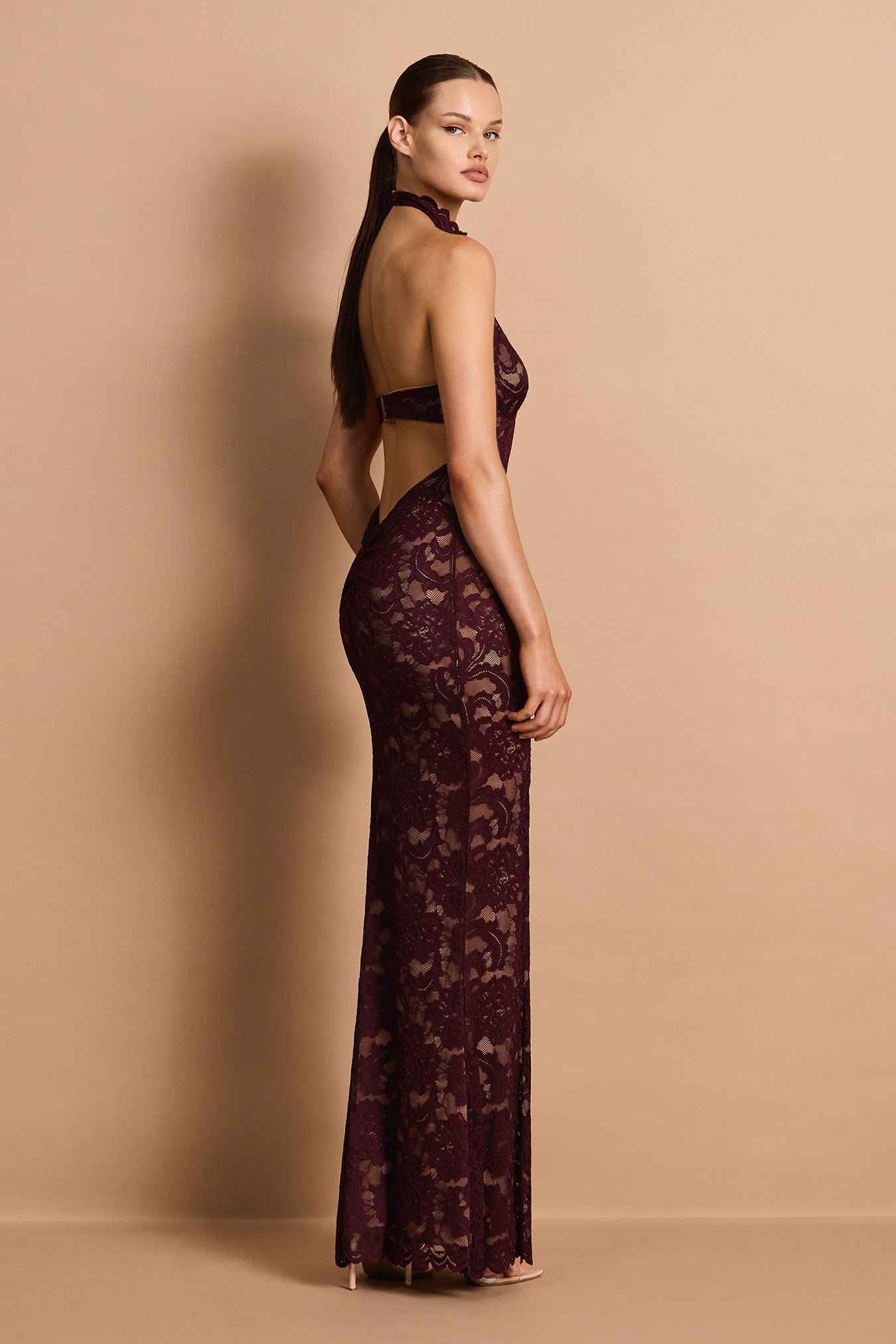 nookie lace dress Delphine Halter Gown - Wine trench coat SIZE - True to U.S. Size (Regular Width):10 Turn heads in the Girl With Beautiful Dress