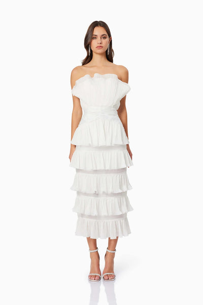 Maya Pleated Midi Dress - White - SHOPJAUS - JAUS