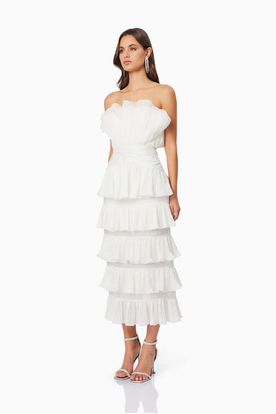 Maya Pleated Midi Dress - White - SHOPJAUS - JAUS