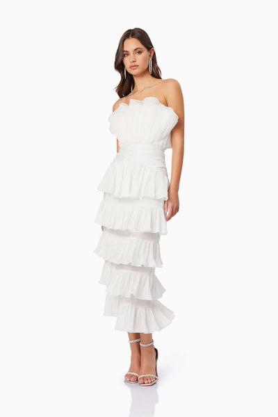 Maya Pleated Midi Dress - White - SHOPJAUS - JAUS