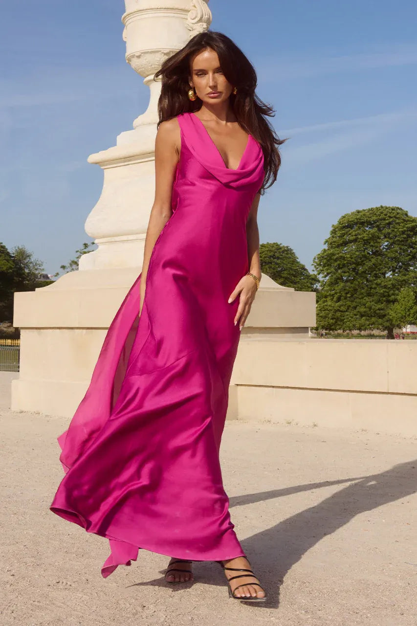 fitted lace wedding dress Gabriella Cowl Maxi Dress - Fuchsia