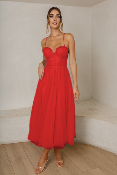 Belle Midi Dress - Red - SHOPJAUS - JAUS
