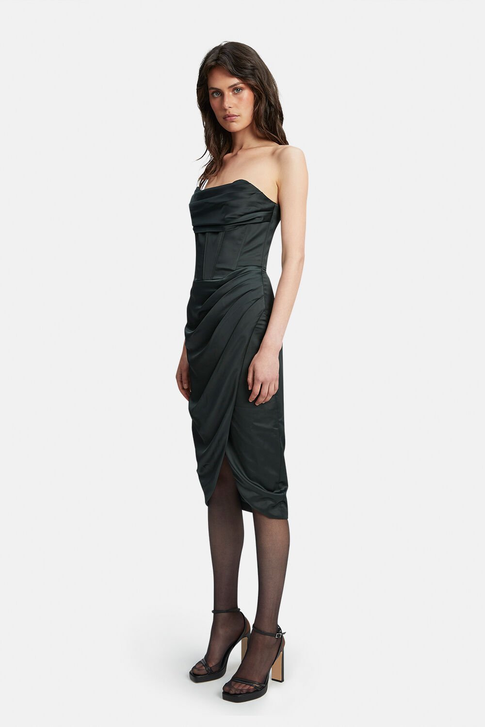 slim fit dress slacks Green Off Shoulder Knee Length Bridesmaid Dress, Dark Green Short Party Dress Formal Dress US Size 6 / Custom Color main image 1