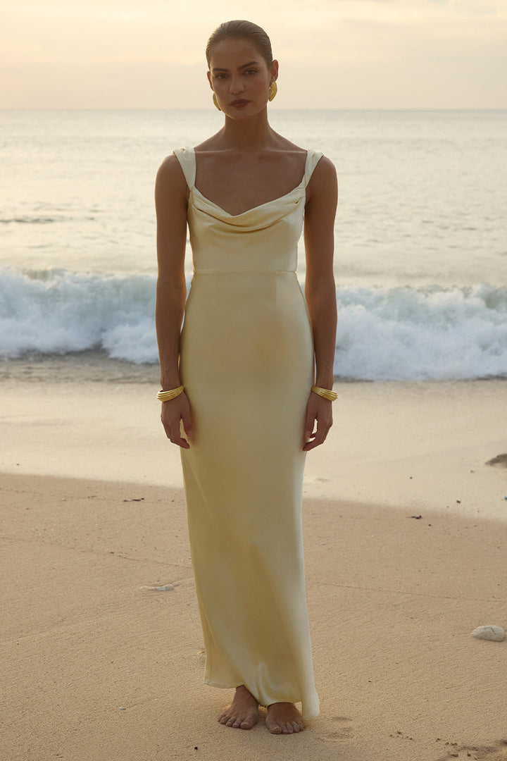 margot maxi dress lemon - Web Collection: Transitional to AW59 wedding guest outfit maxi 5% Elastane) Worn length Lining color:Blush