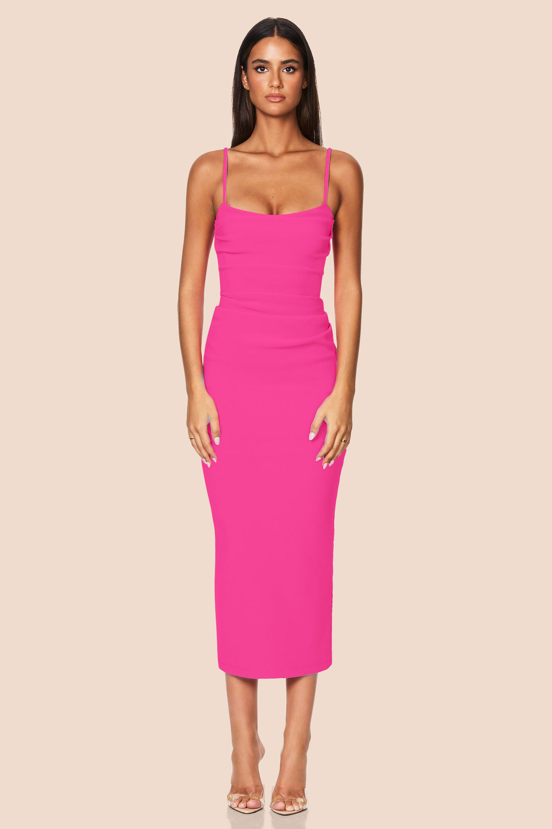 knee length dresses for ladies Neon Coral Beaded Strap Midi Slip Dress