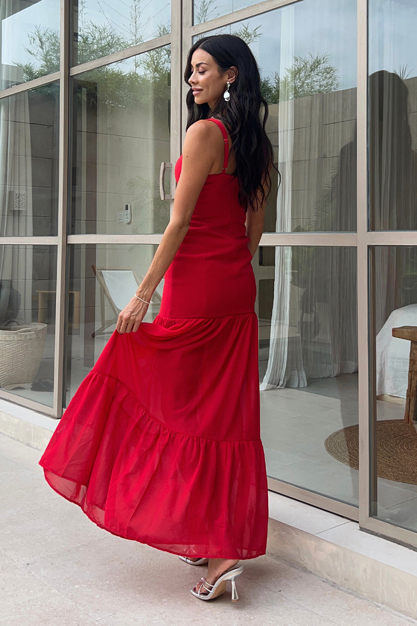 maxi dresses red STRAPLESS CORSET MAXI DRESSES-Red – ALICEELMER