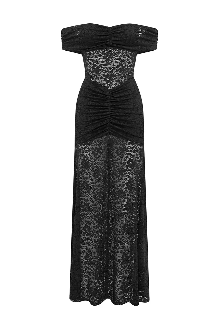 Rent Runaway The Label Vaneya Off Shoulder Lace Maxi Dress in Black Rent Runaway The Label Vaneya Off Shoulder Lace Maxi Dress in Black