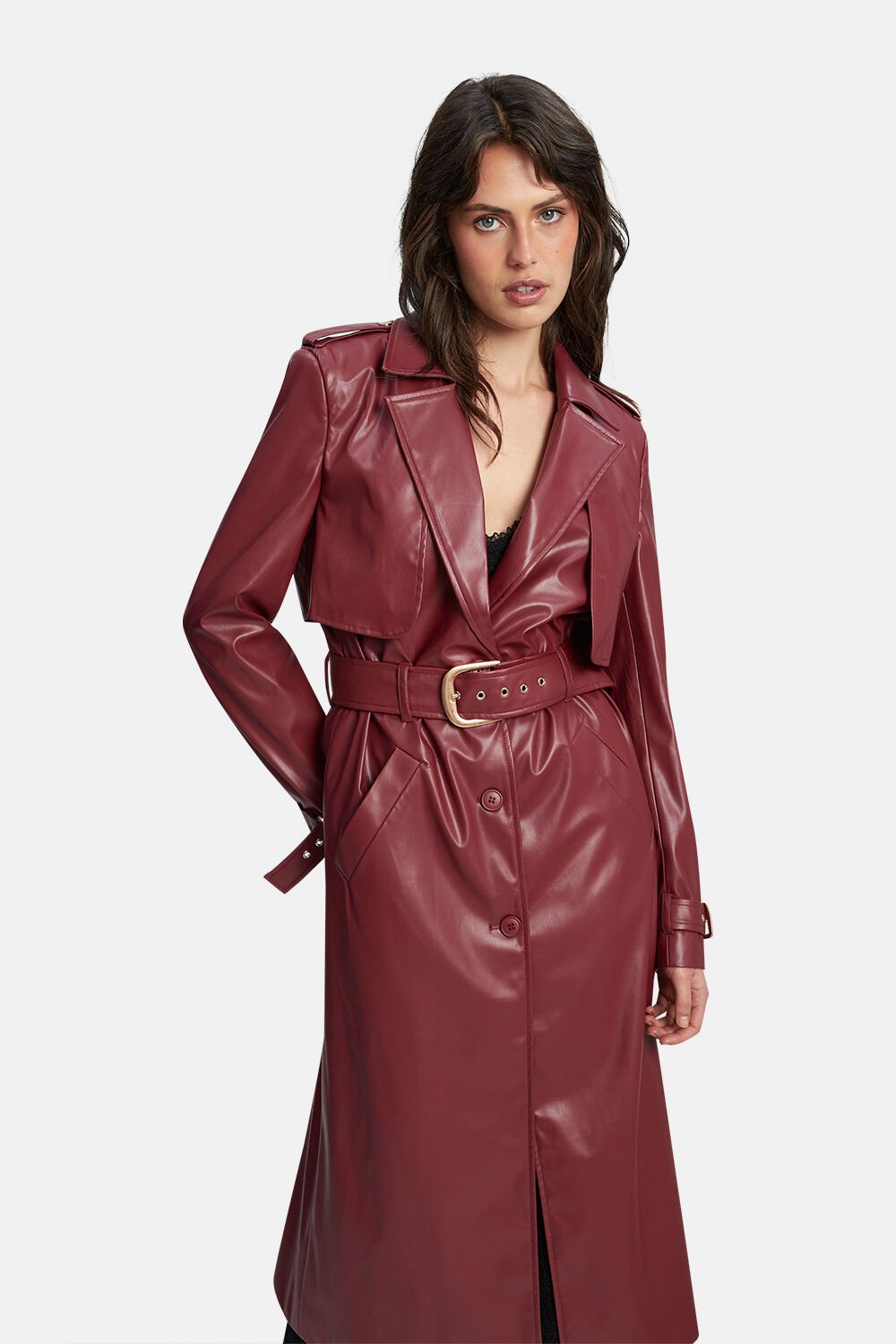 Vegan Leather Trench Coat - Burgundy - SHOPJAUS - JAUS