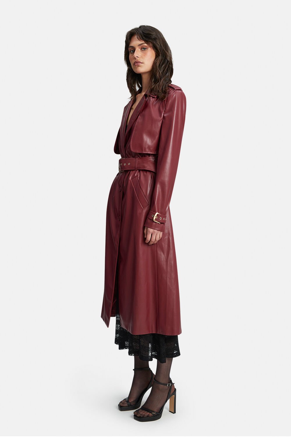 Vegan Leather Trench Coat - Burgundy - SHOPJAUS - JAUS