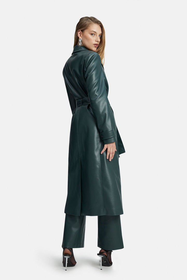 Vegan Leather Trench Coat - Evergreen | JAUS