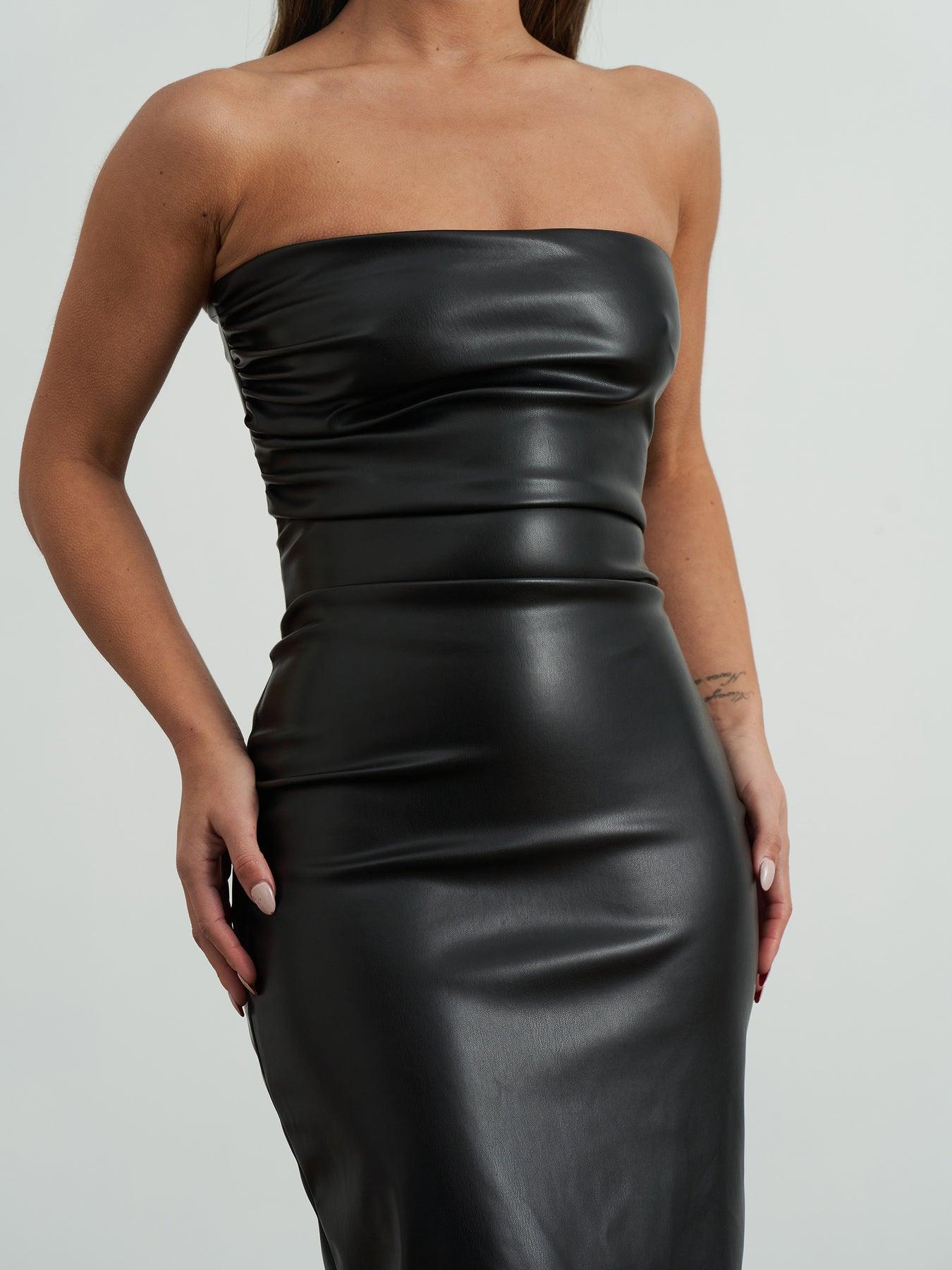 Amelie Maxi Gown - Black Faux Leather - JAUS