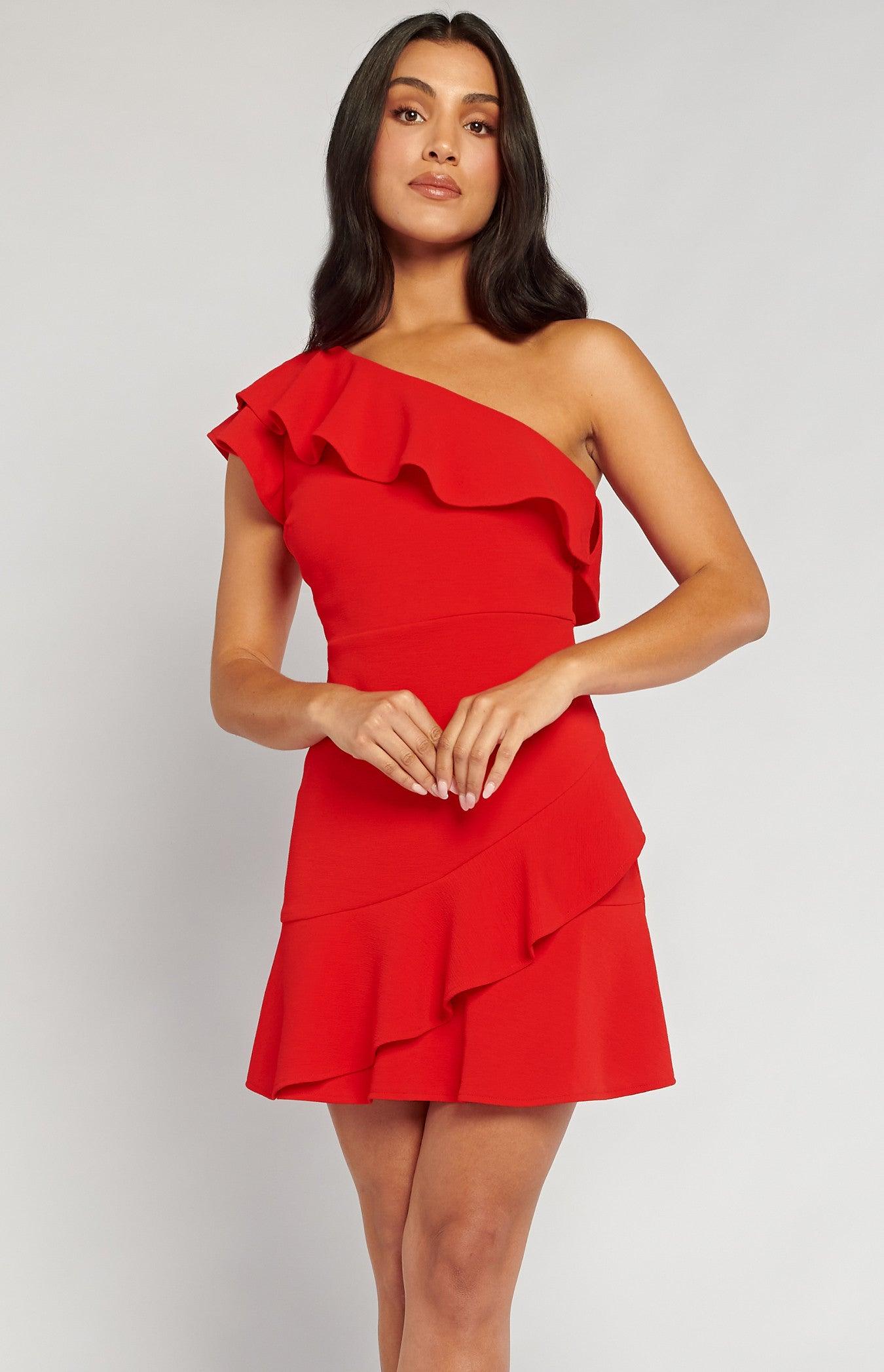 Aurora One Shoulder Mini Dress - Red - JAUS