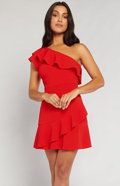 Aurora One Shoulder Mini Dress - Red - JAUS
