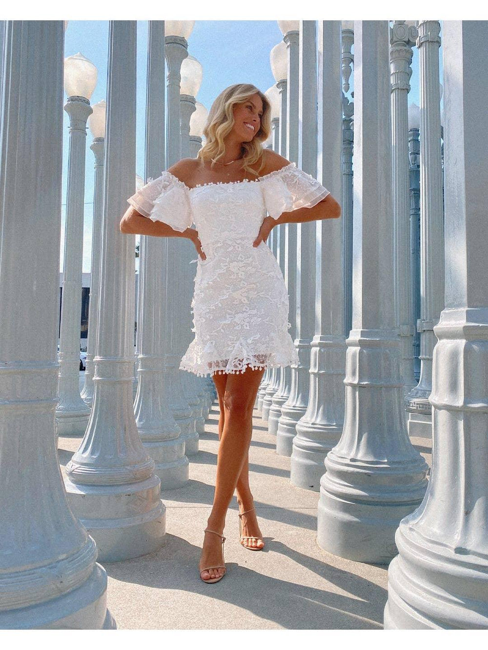 slim fit dress slacks Amy Short White Graduation Dress with Ruffles White / XSmall