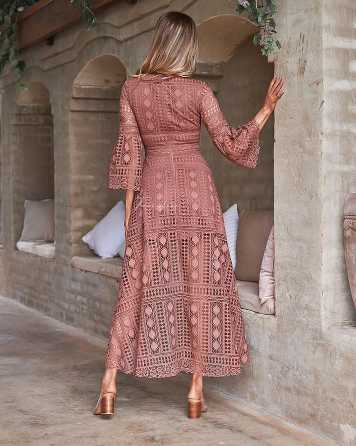 mauve bohemian dress Cotton Candy LA Cherished Moments Mauve Print Lace-Up Midi Dress - Size M - Boho Leaf Print - A-Line - Halter Neckline