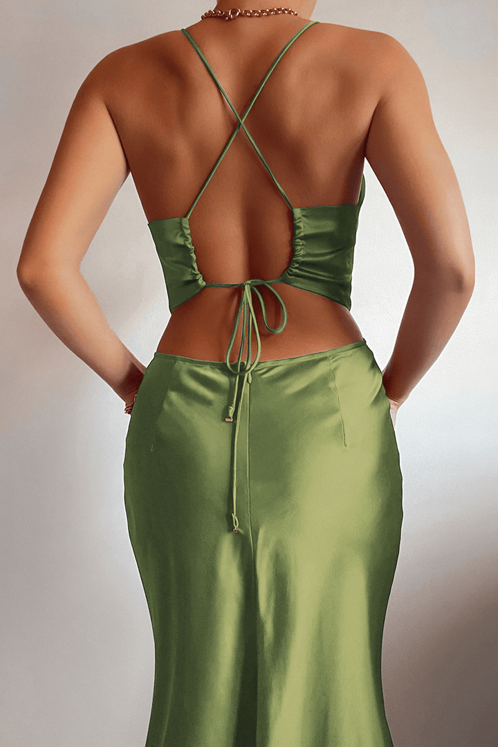 khaki silk slip dress Reclaimed Vintage satin slip midi dress in khaki with black lace