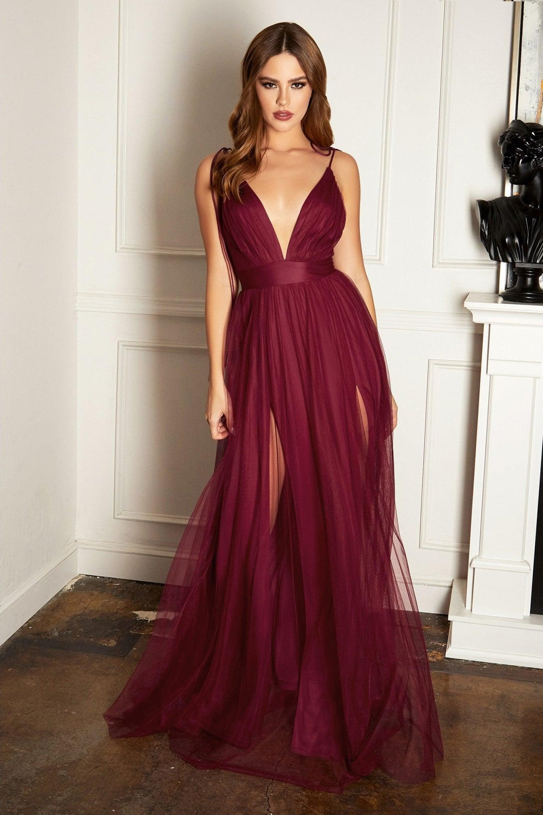 burgundy tulle dress High Neck Burgundy Tulle Evening Gown with Tiered Skirt – loveangeldress main image 1