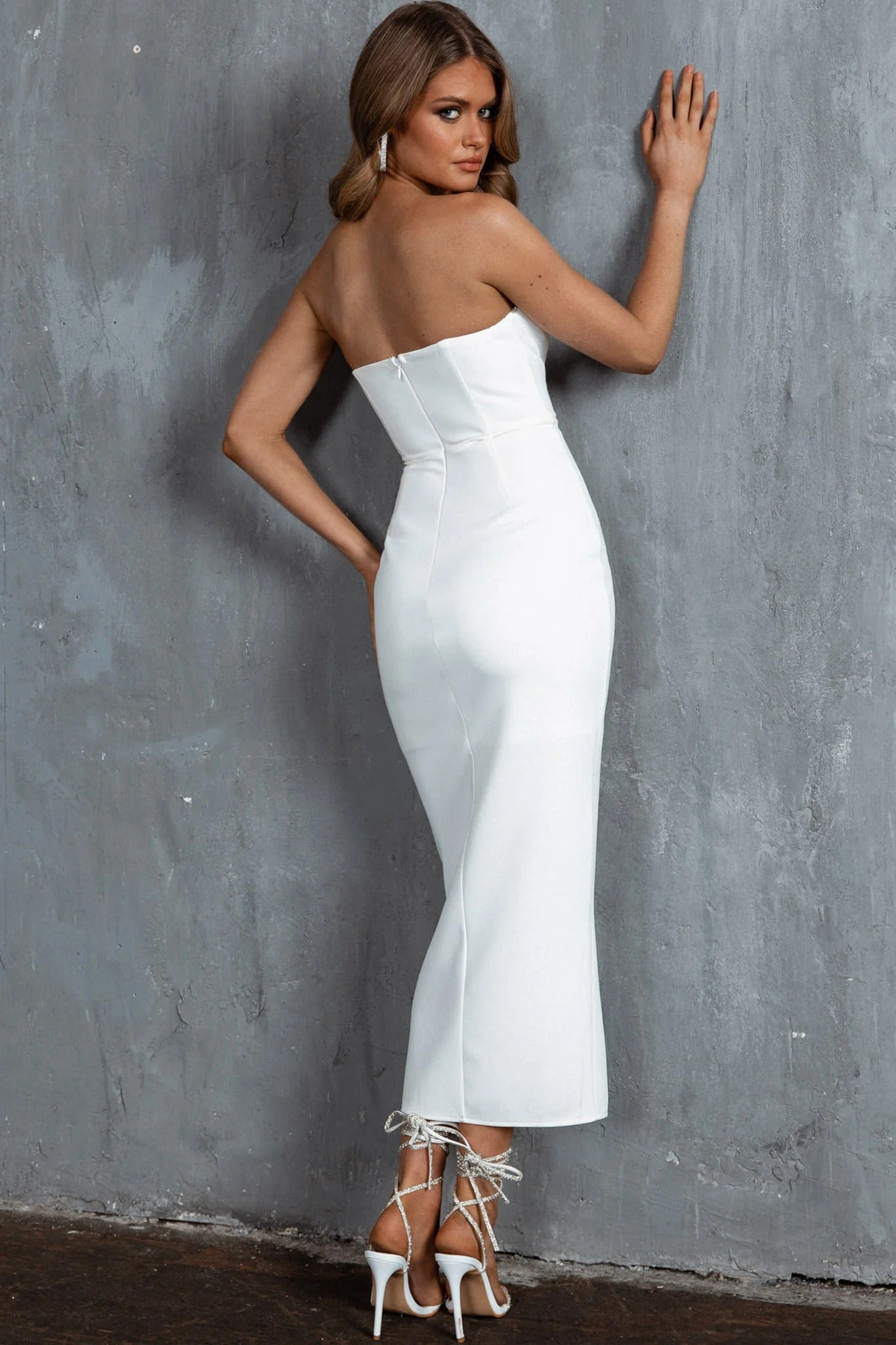 Ellaria Diamante Strapless Midi Dress - White - SHOPJAUS - JAUS