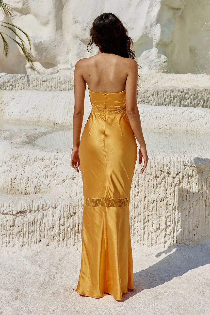 Runaway The Label Runaway The Label Strapless Melrose Dress in Golden Lace Panels Large | Sz: L | Color: Gold Yellow